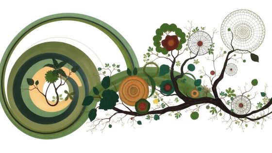 A bold, abstract painting in earthy tones featuring sweeping geometric arcs, concentric circles, and precise botanical spirals, conceptually representing the complex, interconnected systems of a forest ecosystem. — Image credit: National Today (Fort Collins Today)