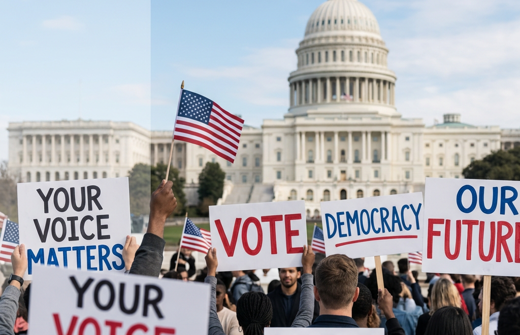 Crowd holding signs with slogans like Your Voice Matters, Vote, Democracy, Our Future, Politics Today near the U.S. Capitol building