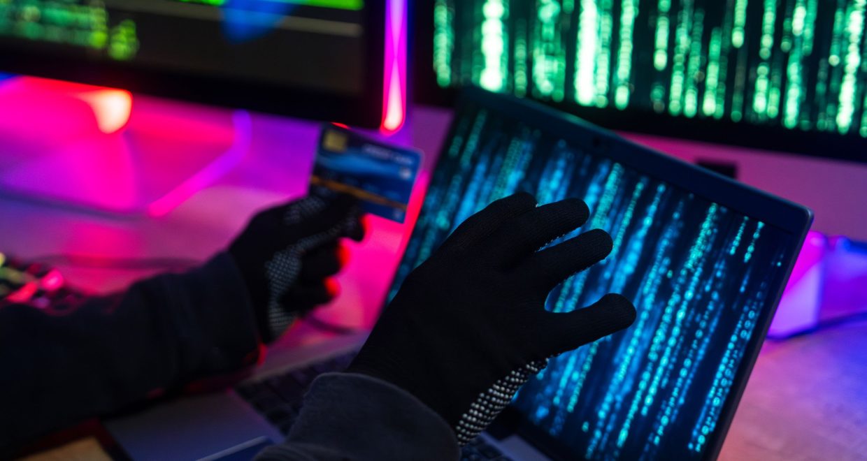 A hand holding a credit card in front of a laptop screen with Matrix-style data on it — Image credit: Canvas maker Instructure reveals data breach - confirms user personal information leaked / https://www.techradar.com/author/sead-fadilpai